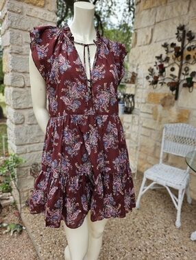 VERONICA BEARD Zee Tiered Printed Brown 100% Cotton-Voile Mini Dress Size 4